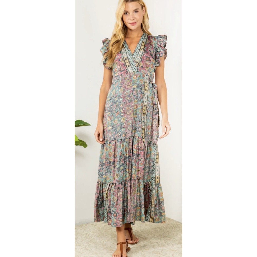 Paani Womens Maxi Wrap Dress Metallic Floral Bohemian Ruffle Sleeves Size S